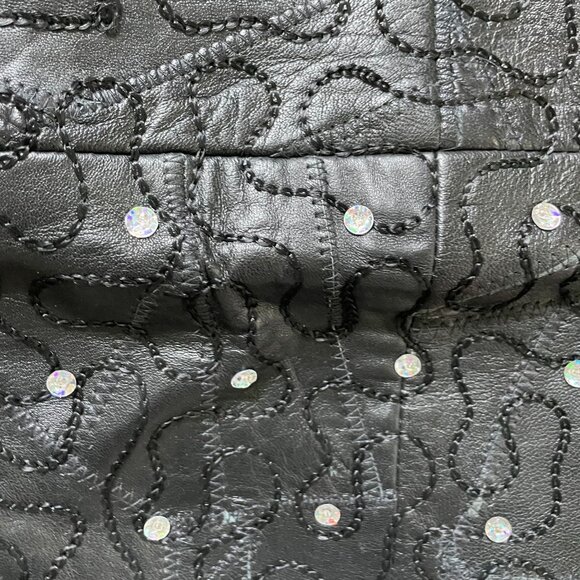 Leather Sequin Embroidered Straight Pencil Skirt Women Small Black Elegant - Picture 4 of 14